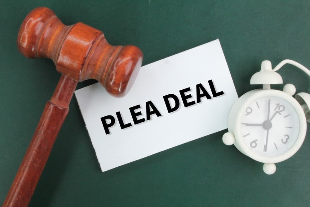 A judge's gavel, a bell clock, and a white paper with the words "Plea Deal" on it. This image represents court concepts, including guilt and appeals in the judicial system.