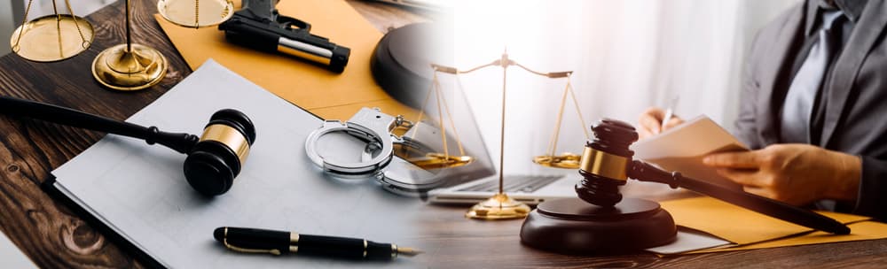 Business professionals and lawyers discussing contract papers with a brass scale on the desk in an office. This image represents the concepts of law, legal services, advice, justice, and legal proceedings, depicted with a film grain effect.