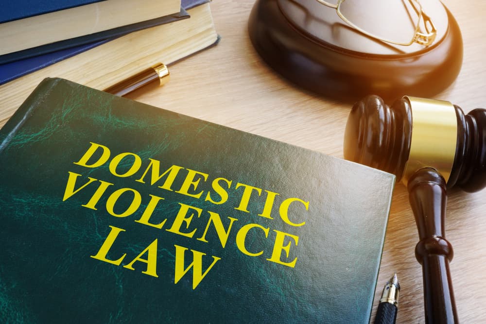 Domestic violence law book on a wooden table.