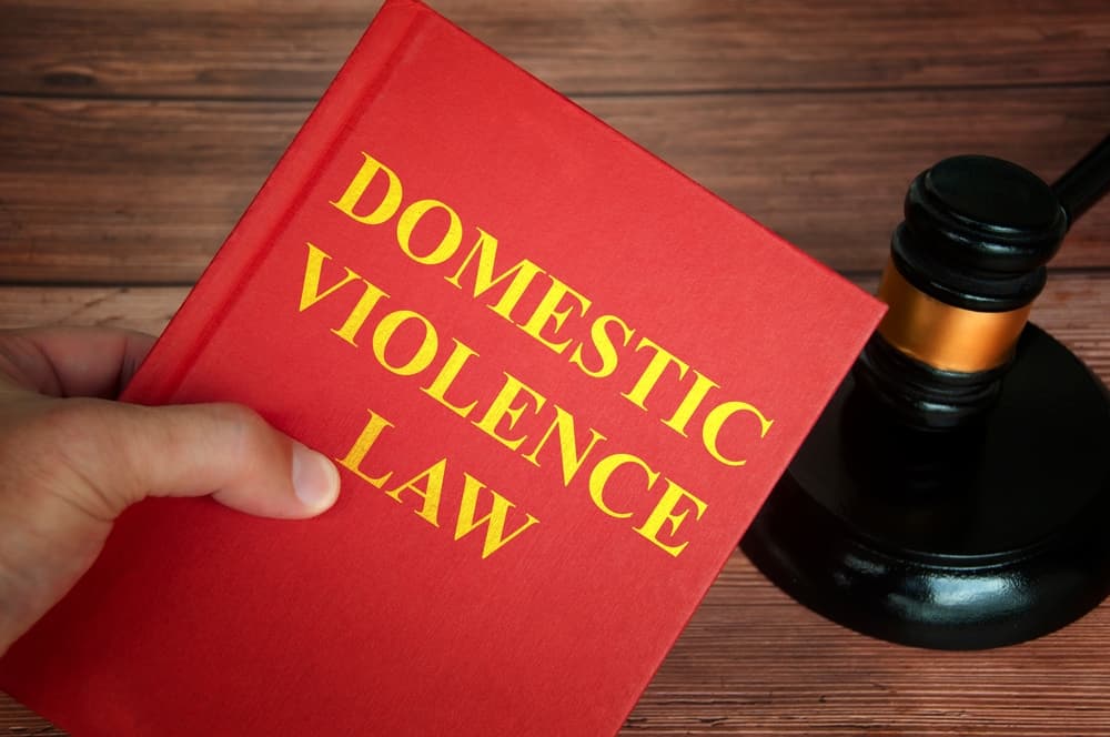 Domestic violence law text on law book with judge gavel on wooden desk background.