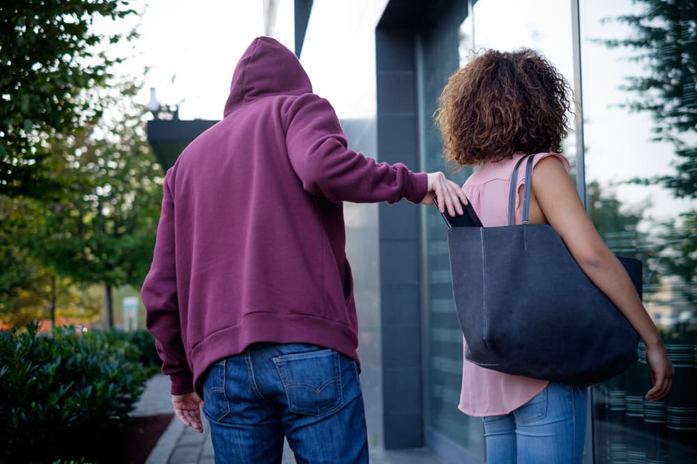 Thief stealing the wallet from the bag of a distracted woman